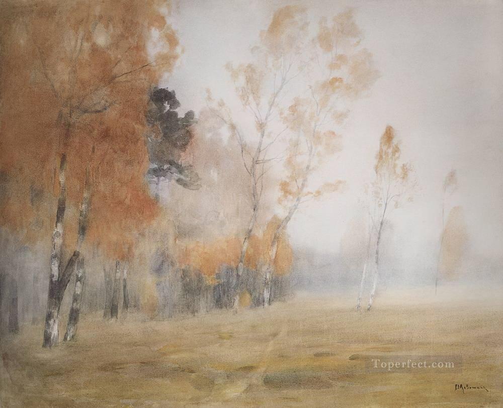 mist autumn 1899 Isaac Levitan woods trees landscape Oil Paintings